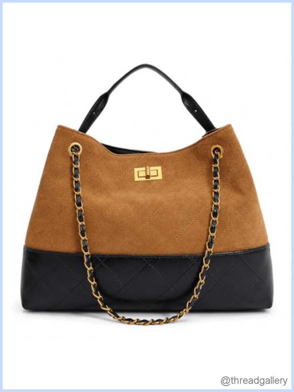 Quilted Faux Suede Shoulder Bag Two-Tone Chain Handbag Tote